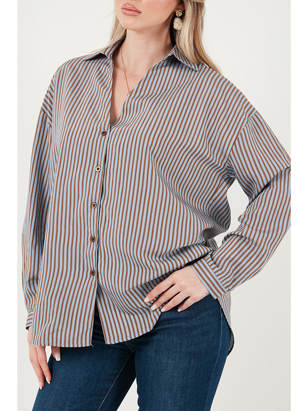 Kahverengi Çizgili Oversize Fit Klasik Yaka Uzun Kollu Kadın Gömlek 6925475-5