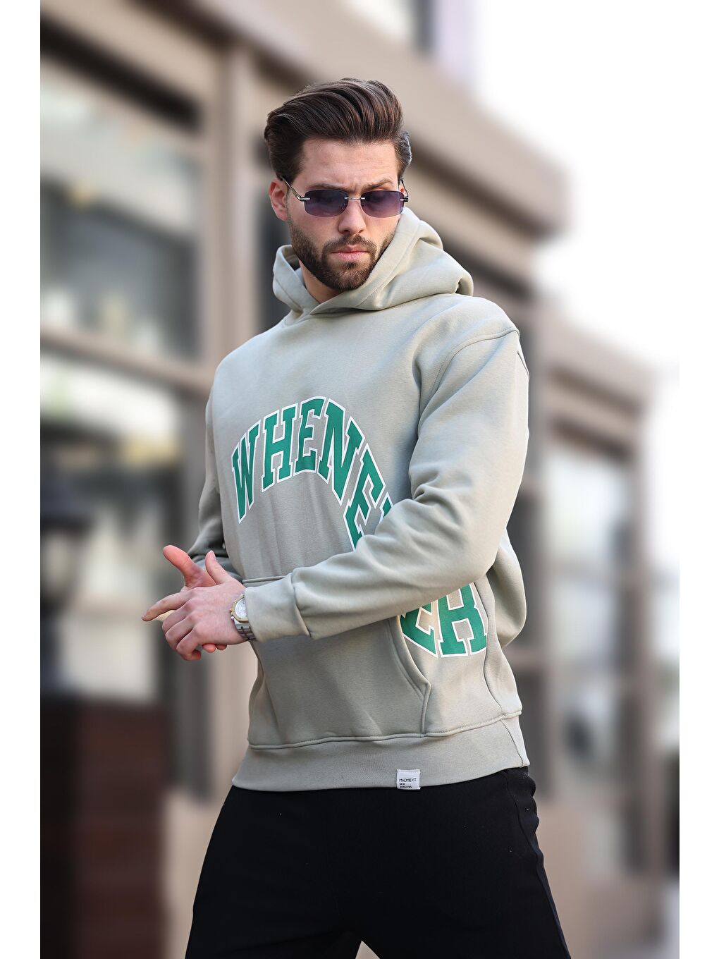 Çağla Yeşili Kapüşonlu Baskılı Cep Detaylı Erkek Sweatshirt E7065-2