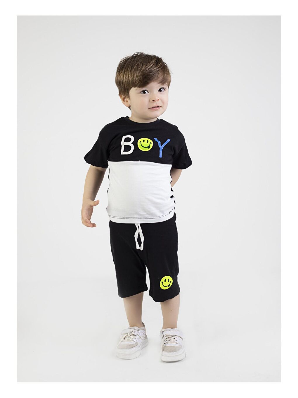 Mr Tuffy Siyah Erkek Bebek Şortlu Kısa Kollu Boys Desen Baskılı Yazlık Basic Alt-Üst Takım 6-24 ay