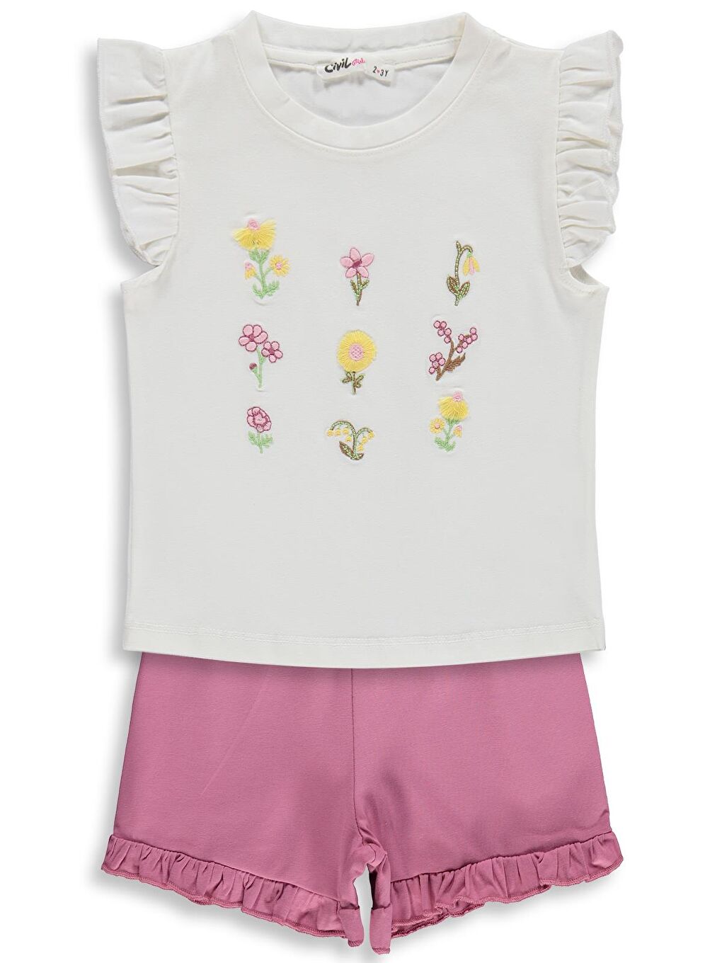 Girls Çiçek Nakışlı 2-5 Yaş Takım - Ekru-Soft Pembe