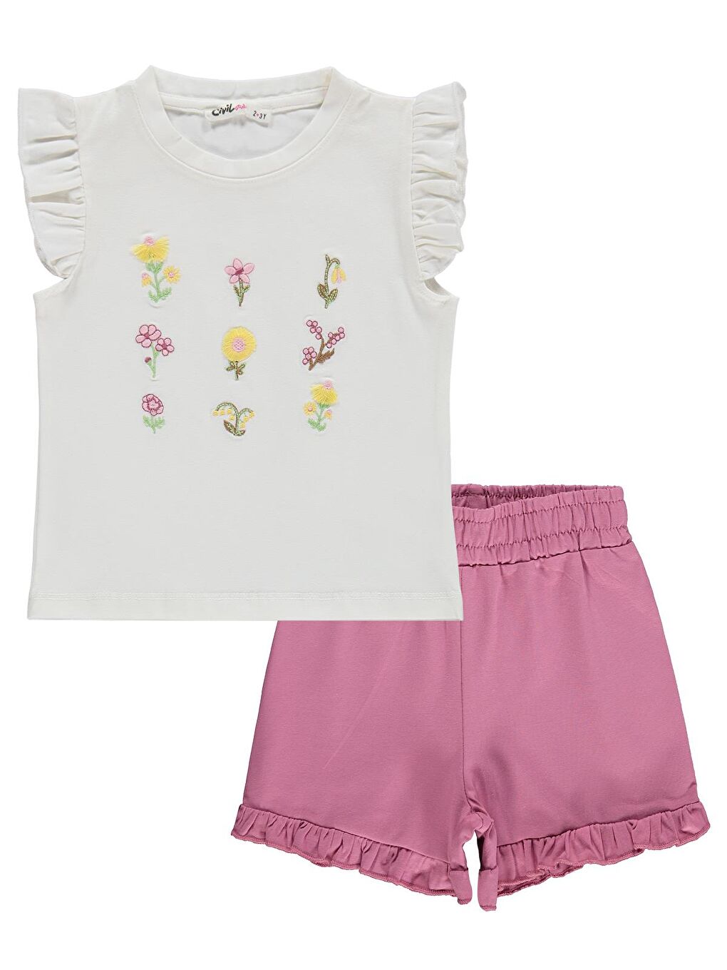 Girls Çiçek Nakışlı 2-5 Yaş Takım - Ekru-Soft Pembe-3