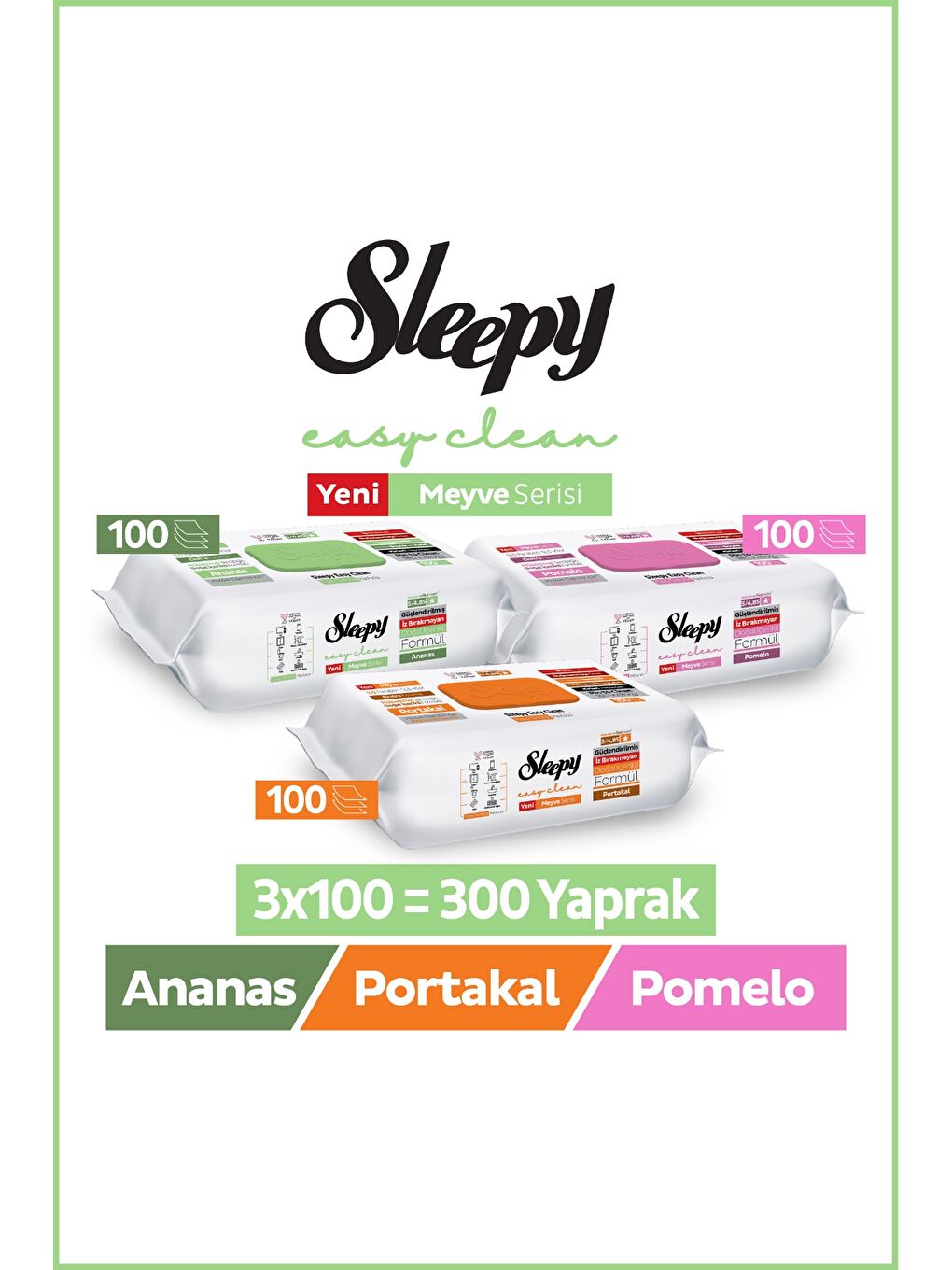 Meyve Serisi Yüzey Temizlik Havlusu Mendili Portakal+Ananas+Pomelo 3x100 (300 Yaprak)