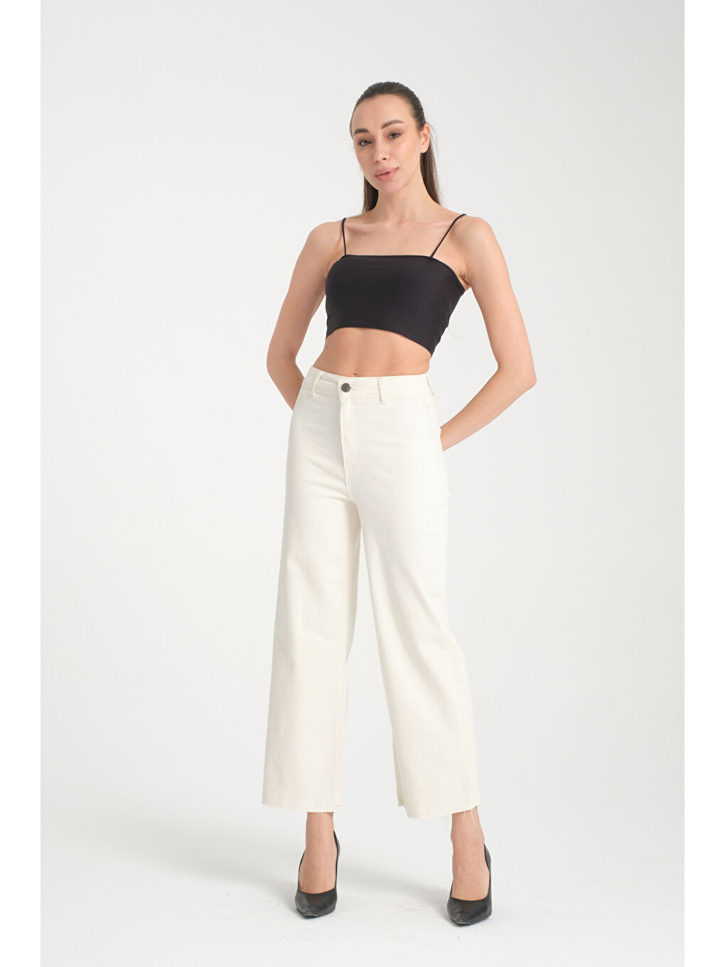 Beyaz Kadın Önü Cepsiz Denim Pantolon 6661-1