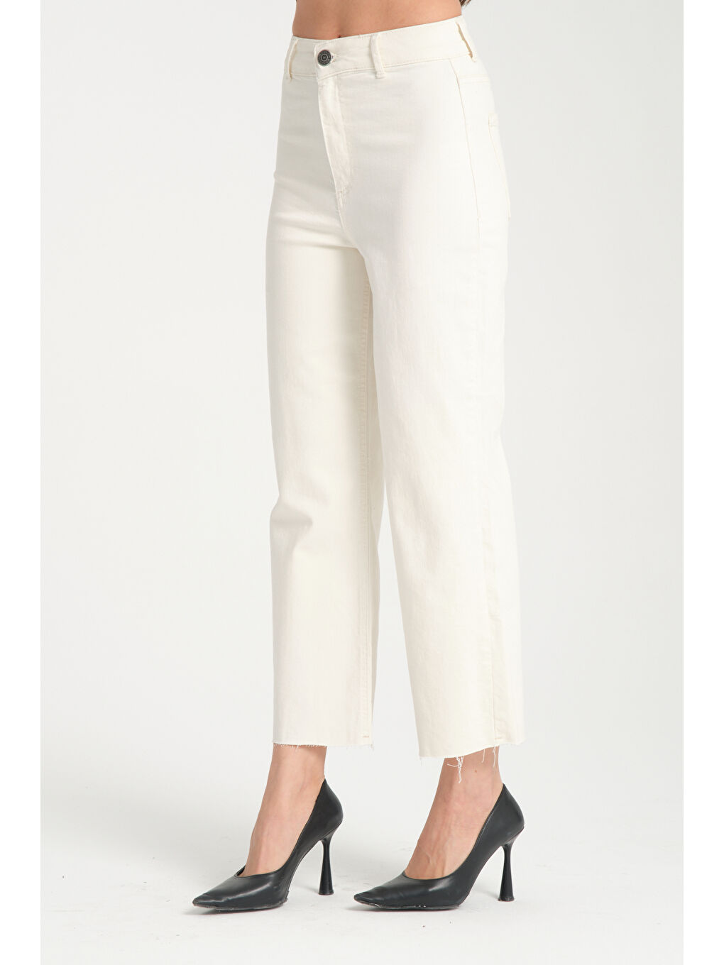 Beyaz Kadın Önü Cepsiz Denim Pantolon 6661-4