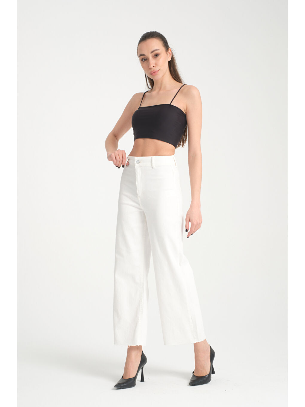 Beyaz Kadın Bol Paça Denim Pantolon 6663-1