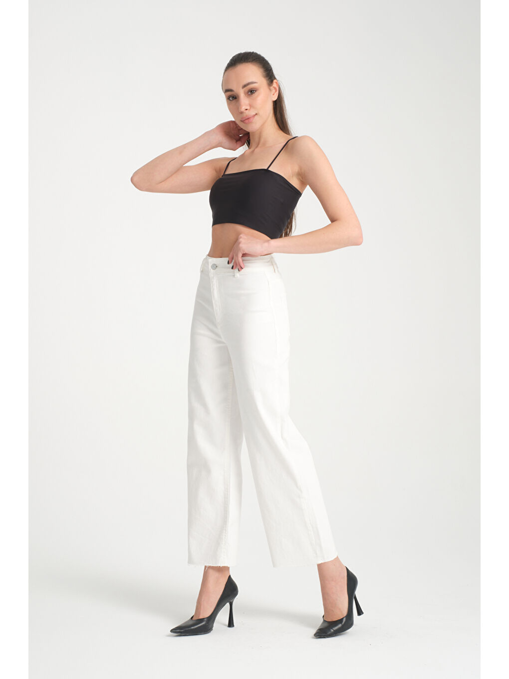 Beyaz Kadın Bol Paça Denim Pantolon 6663-2