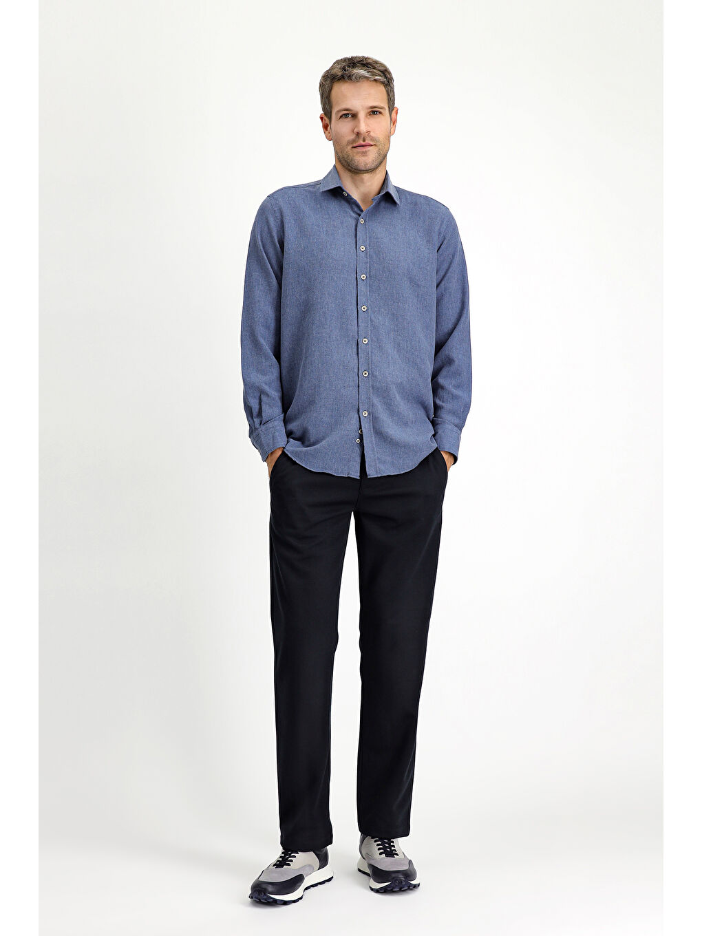 İndigo Uzun Kol Regular Fit Spor Pamuklu Kolay Ütülenebilir Gömlek-1