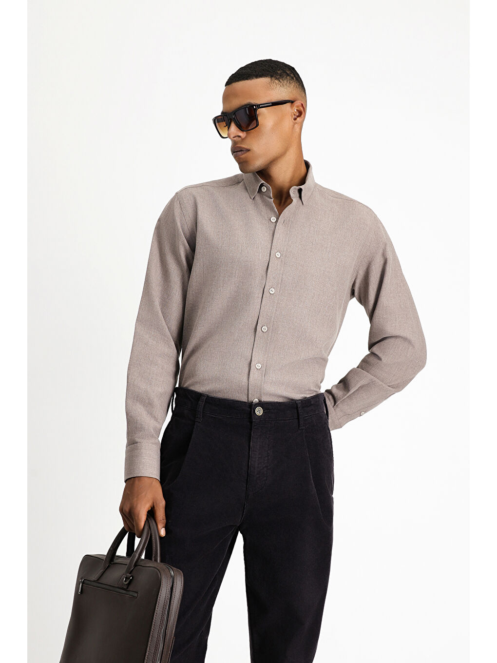 Kahverengi Uzun Kol Regular Fit Spor Pamuklu Kolay Ütülenebilir Gömlek