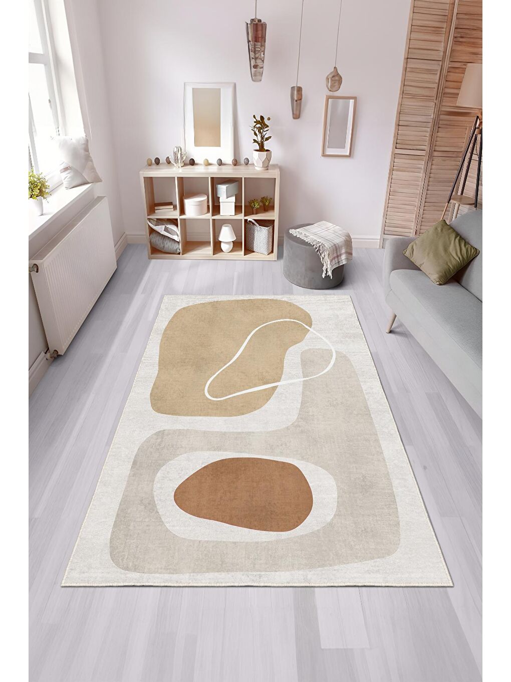 Bej Özel Tasarım, Kaymaz Taban, İnce, Yıkanabilir, Modern Halı WOOKECE1466 180x280