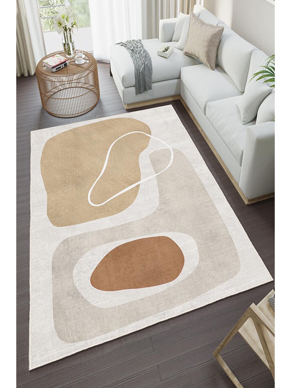 Bej Özel Tasarım, Kaymaz Taban, İnce, Yıkanabilir, Modern Halı WOOKECE1466 180x280-2