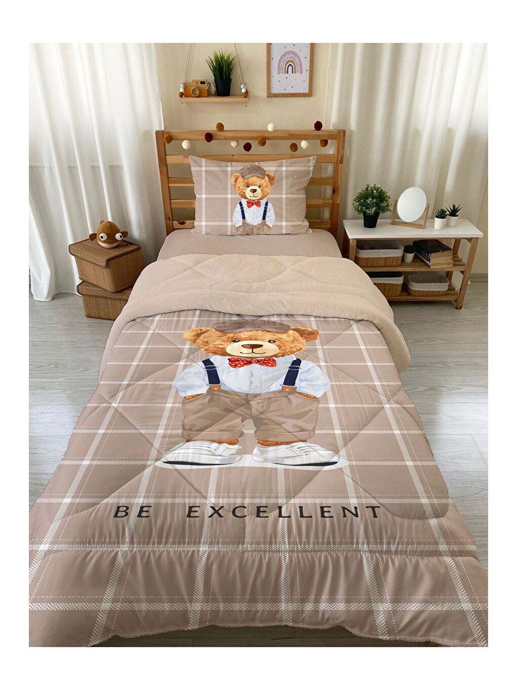 EVMİLA Karışık Tek Kişilik Teddy Desen 160x220 Cm Welsoft Çift Taraflı Silikon Yorgan Ve Uyku Seti