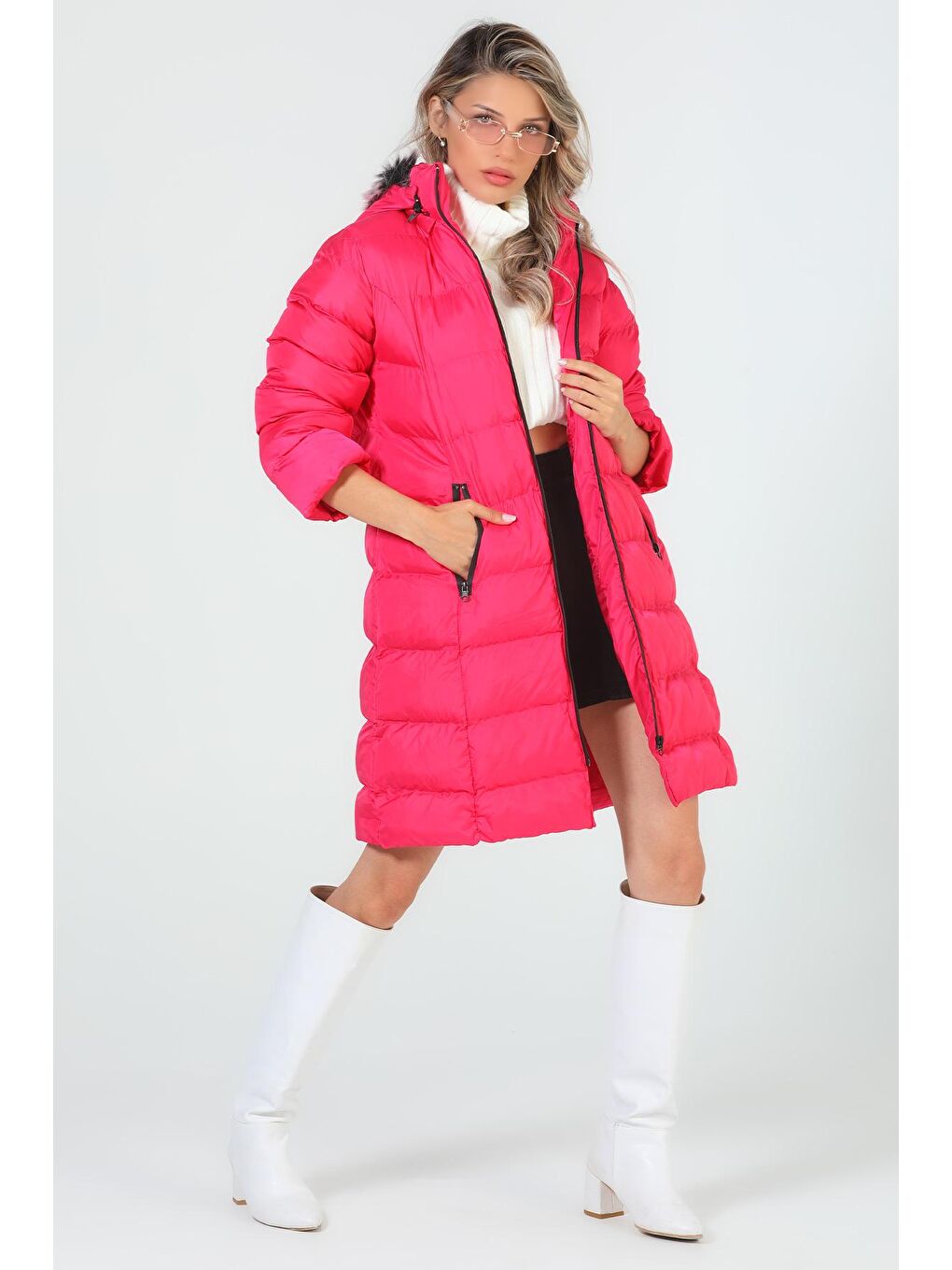 Fuşya Kadın Kürklü Uzun Şişme Mont-1