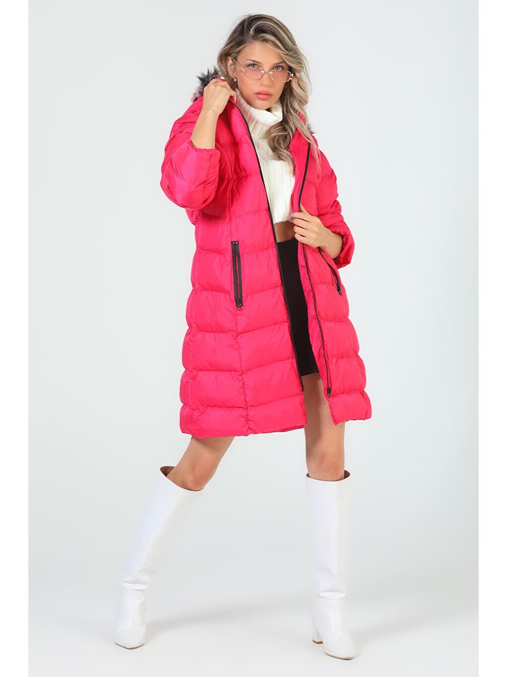 Fuşya Kadın Kürklü Uzun Şişme Mont-2
