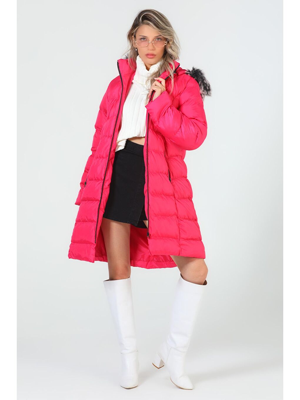 Fuşya Kadın Kürklü Uzun Şişme Mont-3