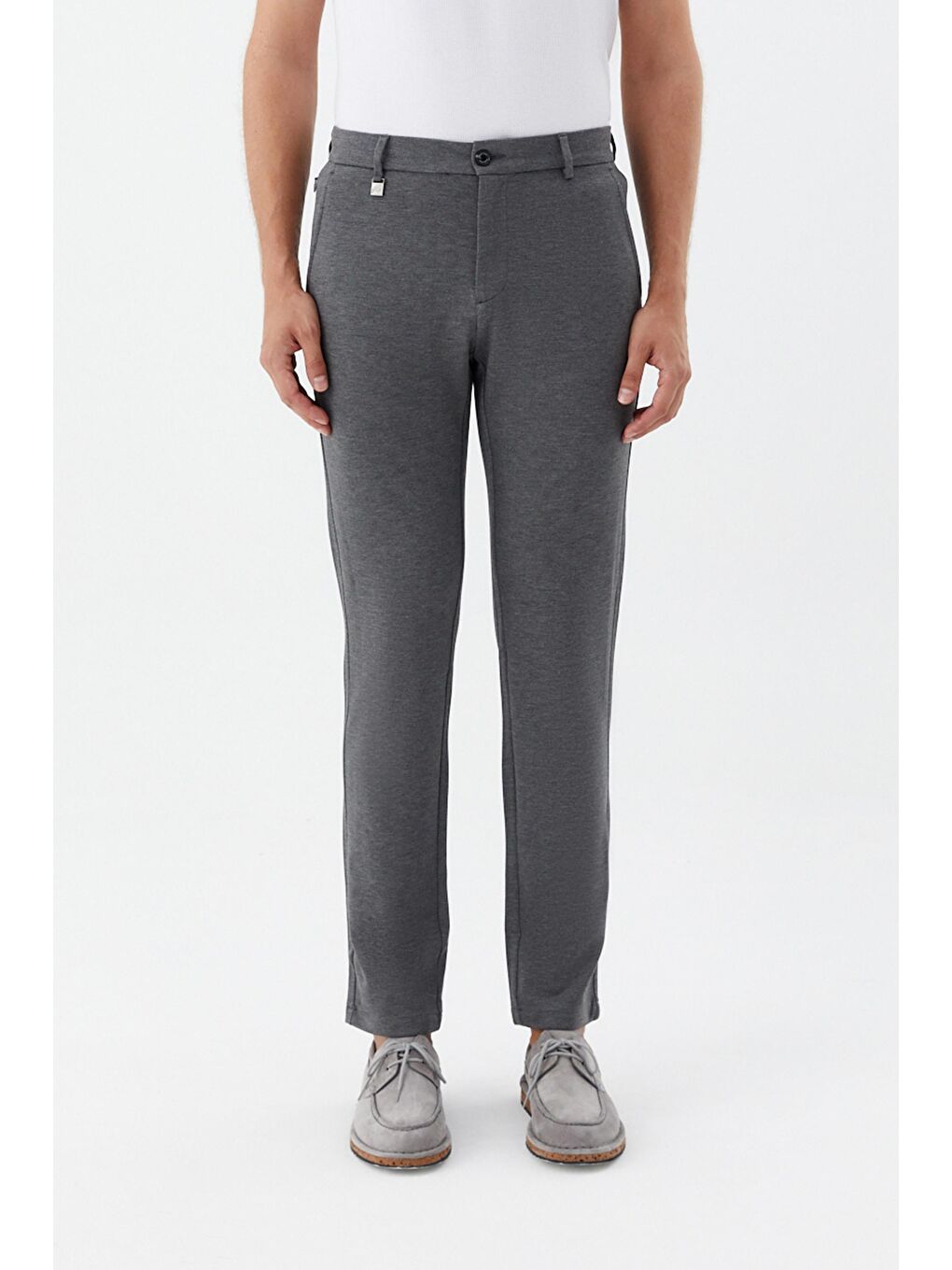 Regular Fit Fermuar Detaylı Erkek Pantolon Gri Melanj