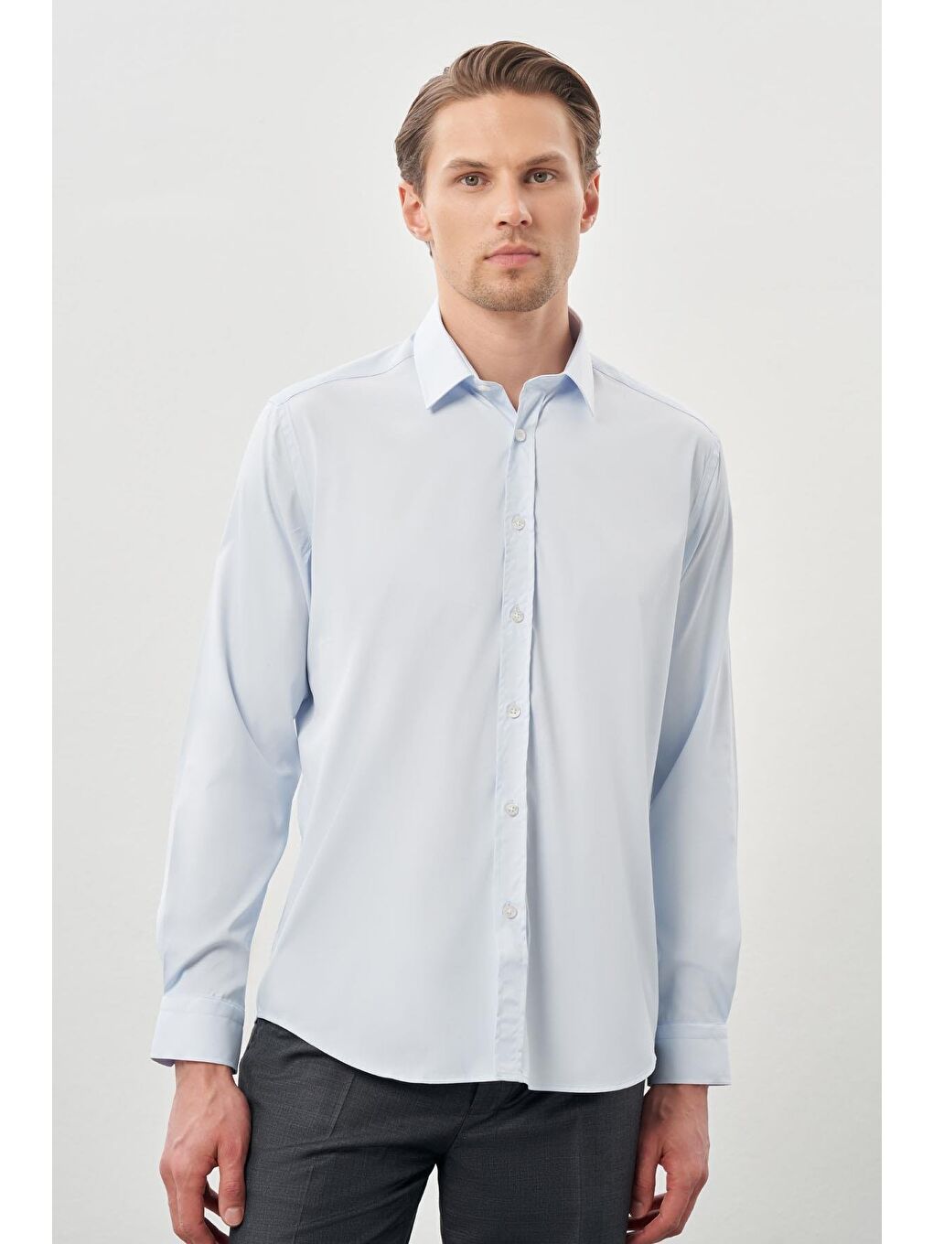 Koyu Mavi Uzun Kol Düz Bez Ayağı Sert Yaka Cepsiz Esnek Classic Slim Fit Gömlek 1004245223_300