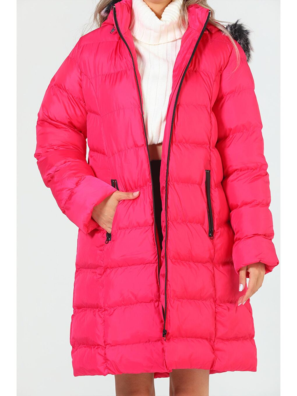 Fuşya Kadın Kürklü Uzun Şişme Mont-5