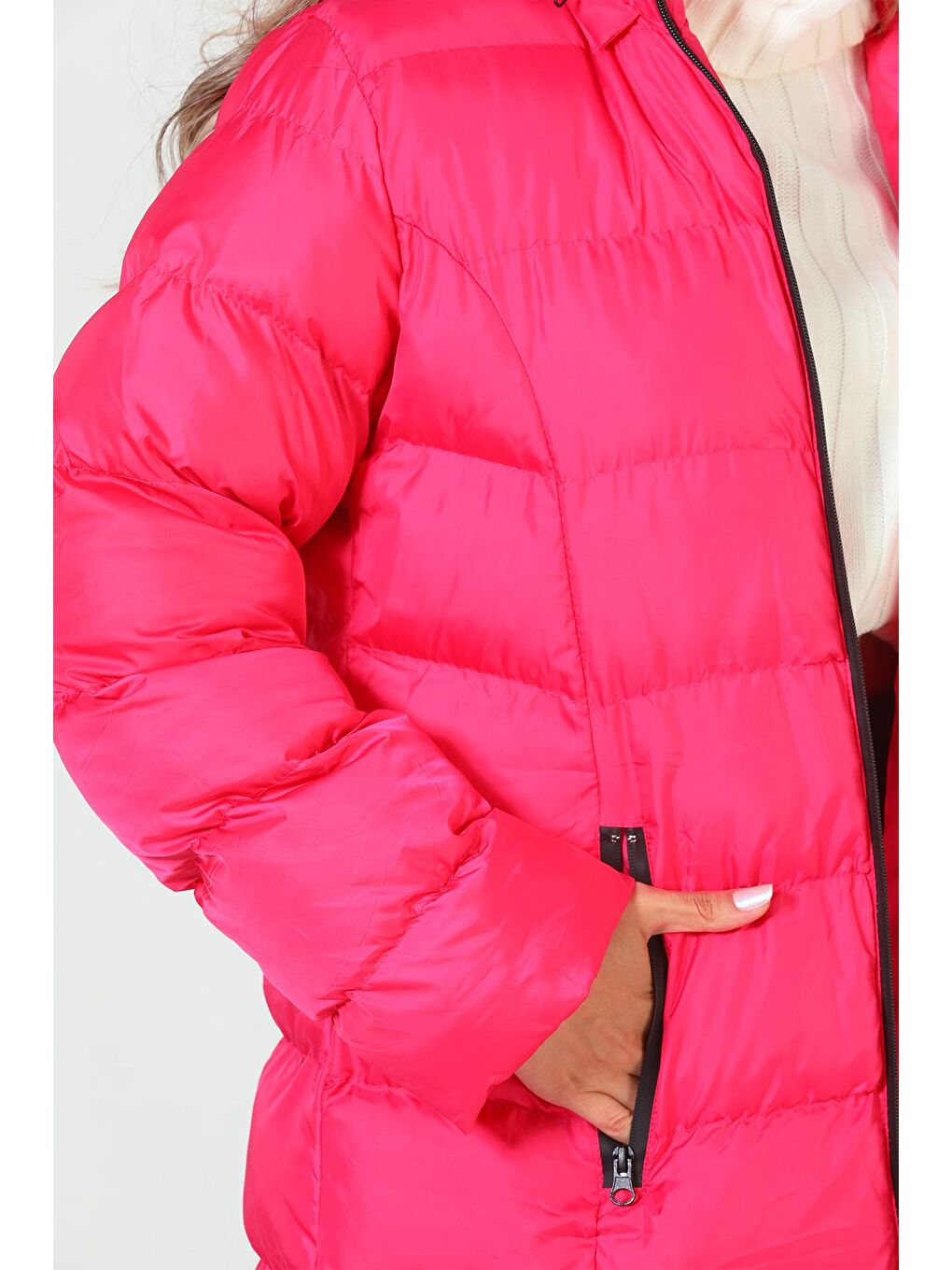 Fuşya Kadın Kürklü Uzun Şişme Mont-6