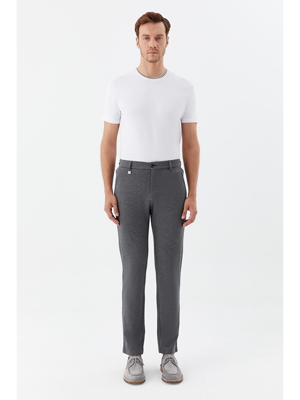 Regular Fit Fermuar Detaylı Erkek Pantolon Gri Melanj-1