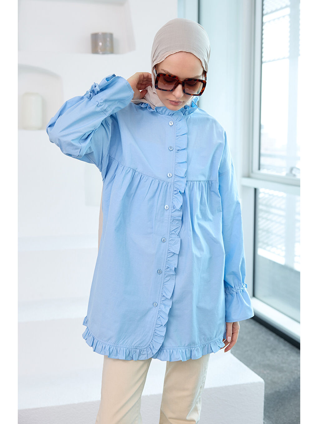 Kadın Fırfır Detaylı Gömlek Mavi