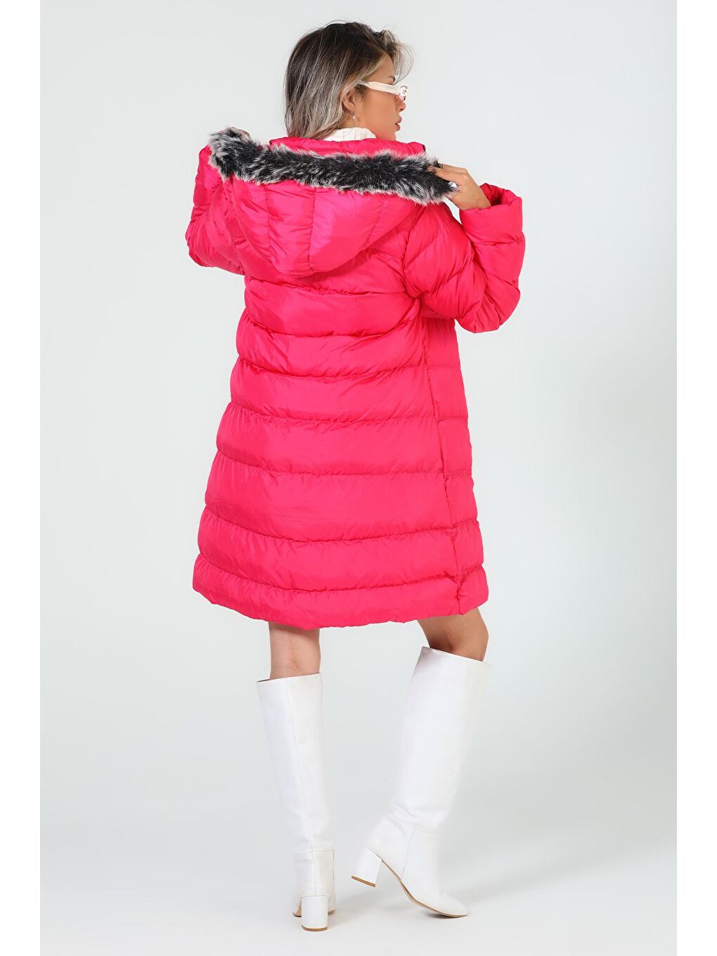 Fuşya Kadın Kürklü Uzun Şişme Mont-7