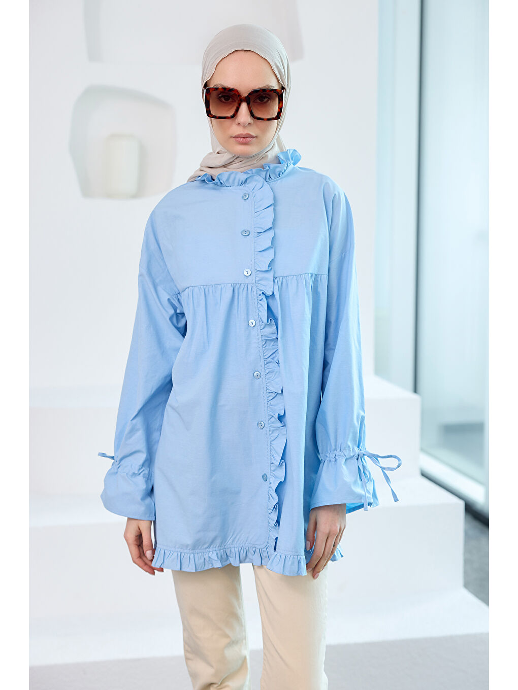 Kadın Fırfır Detaylı Gömlek Mavi-3