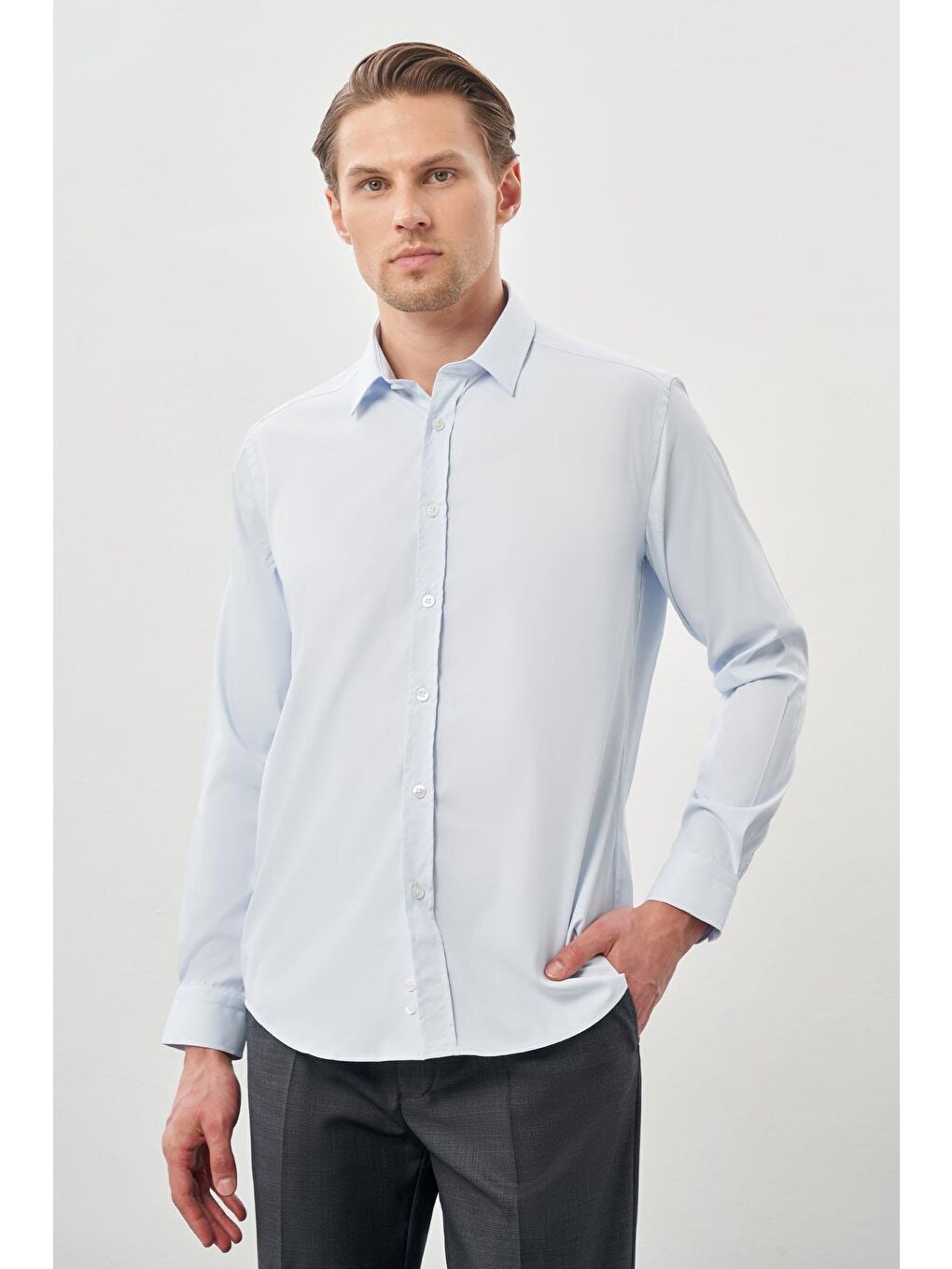 Koyu Mavi Uzun Kol Düz Bez Ayağı Sert Yaka Cepsiz Esnek Classic Slim Fit Gömlek 1004245223_300-2