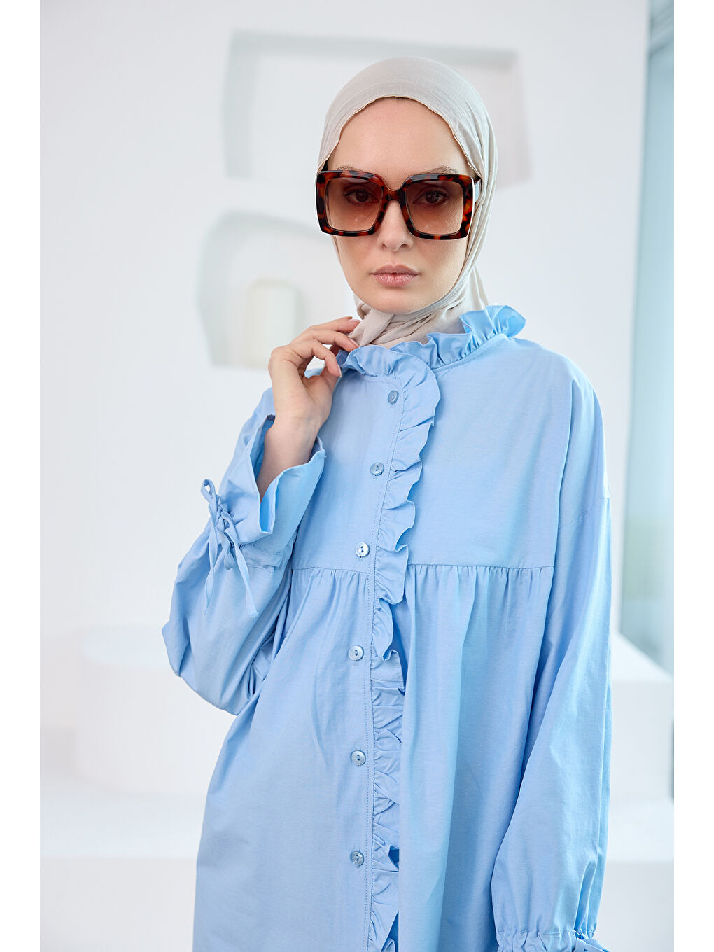 Kadın Fırfır Detaylı Gömlek Mavi-4