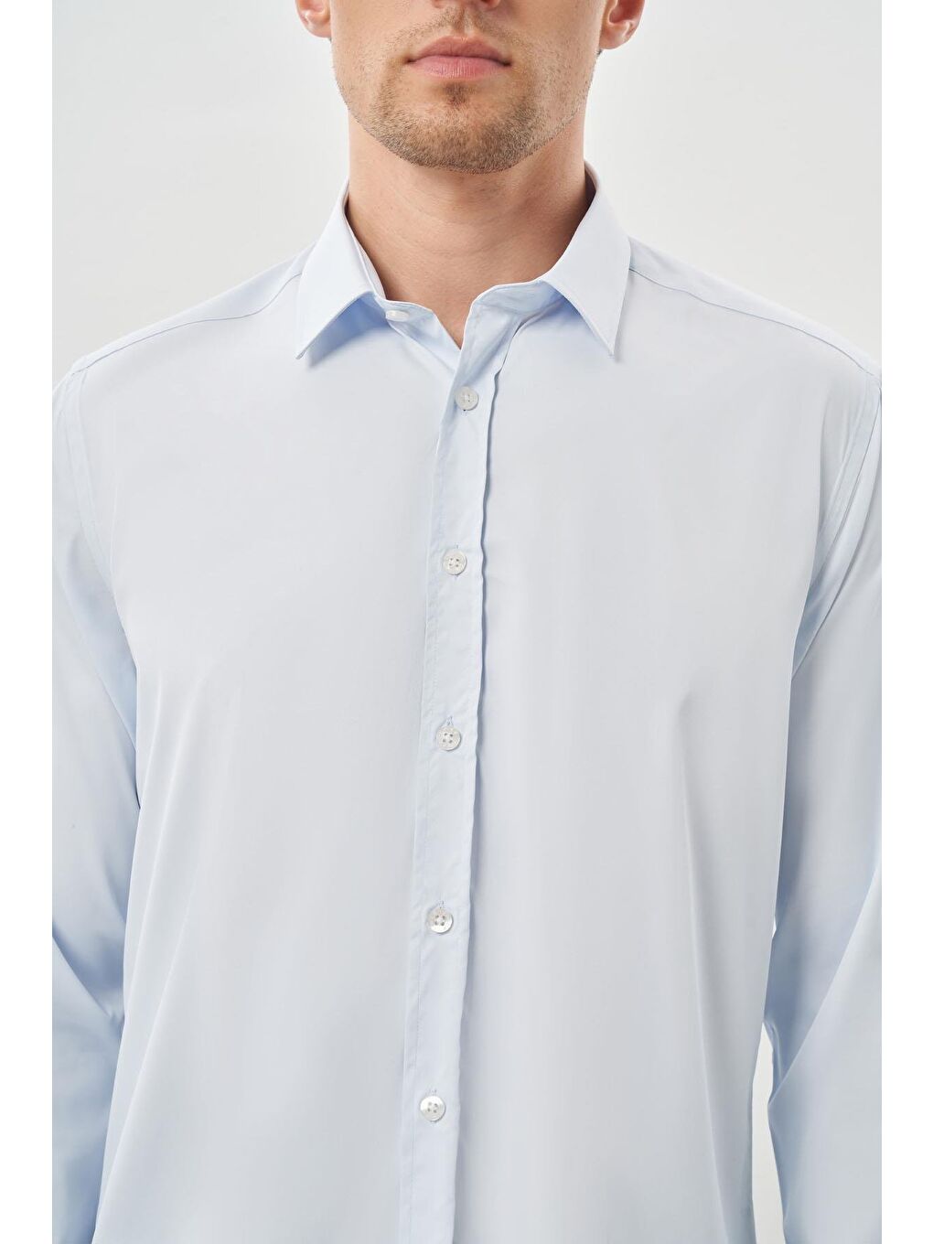 Koyu Mavi Uzun Kol Düz Bez Ayağı Sert Yaka Cepsiz Esnek Classic Slim Fit Gömlek 1004245223_300-3