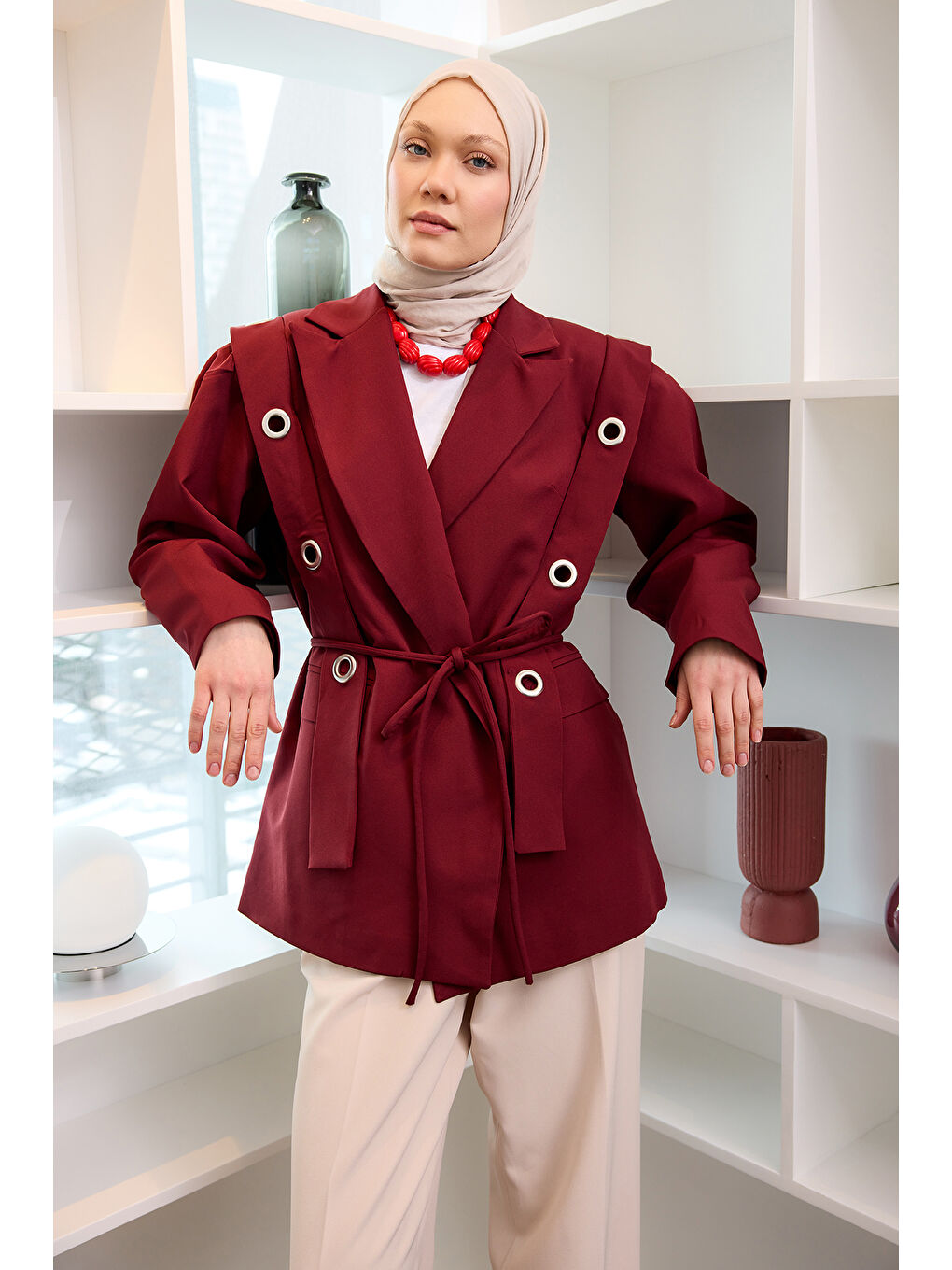 Kadın Kuş Gözü Kruvaze Yaka Blazer Ceket  Bordo