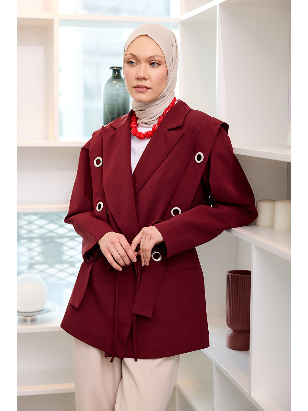 Kadın Kuş Gözü Kruvaze Yaka Blazer Ceket  Bordo-1