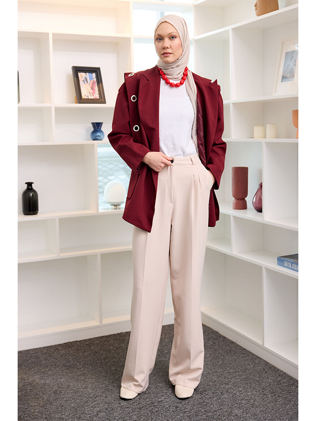 Kadın Kuş Gözü Kruvaze Yaka Blazer Ceket  Bordo-2