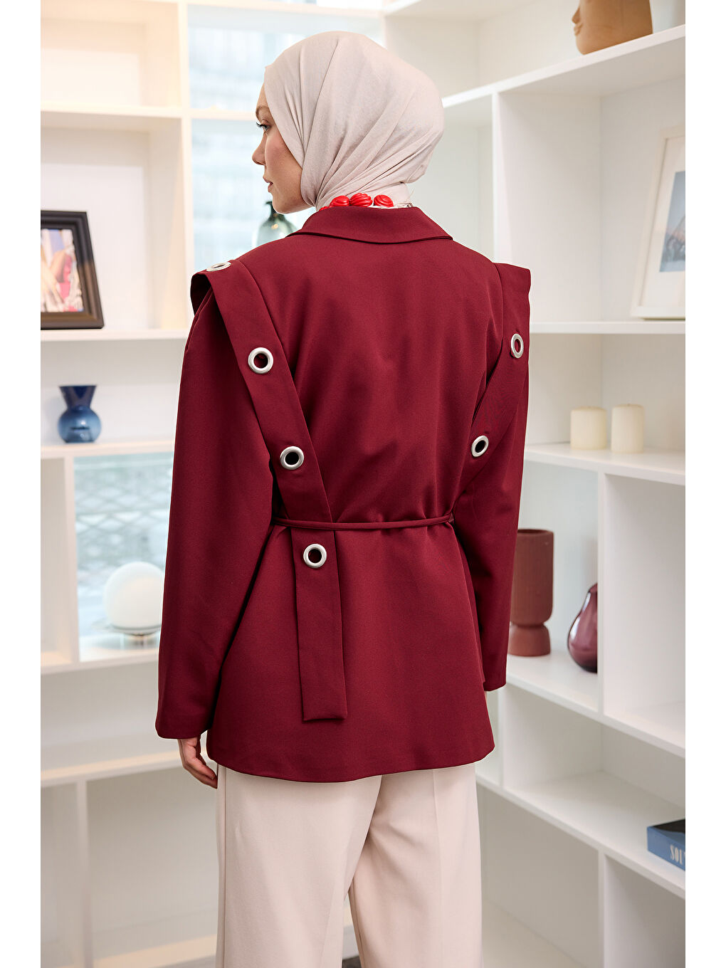 Kadın Kuş Gözü Kruvaze Yaka Blazer Ceket  Bordo-3