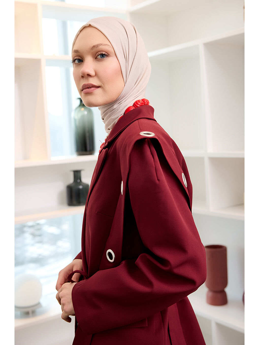 Kadın Kuş Gözü Kruvaze Yaka Blazer Ceket  Bordo-4