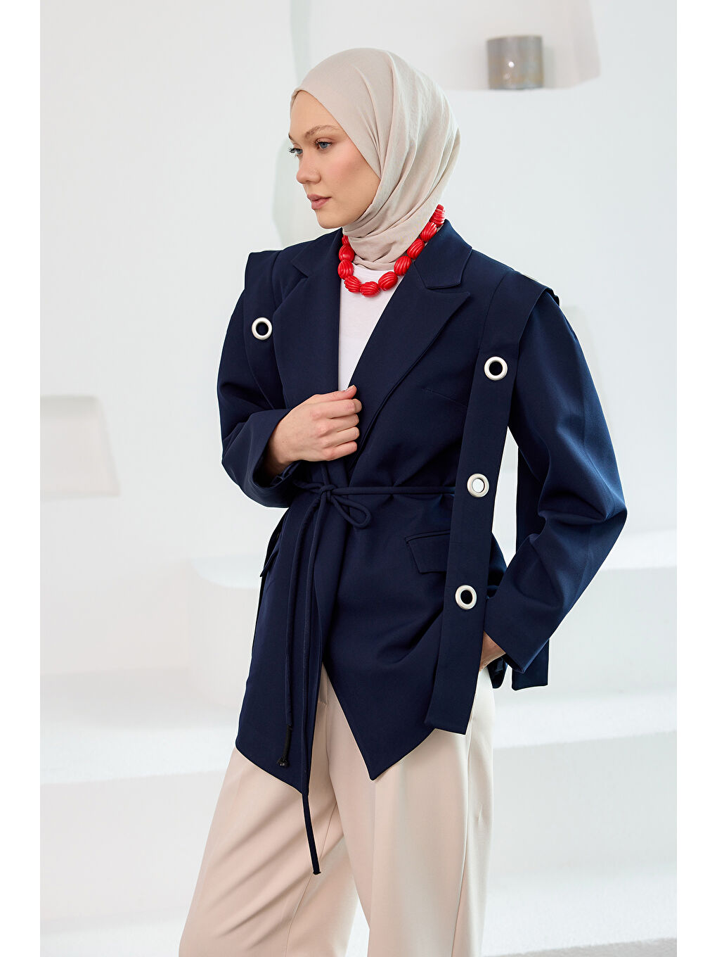 Kadın Kuş Gözü Kruvaze Yaka Blazer Ceket  Lacivert