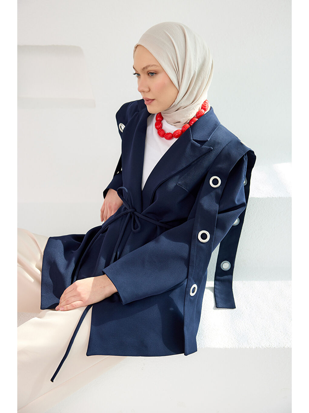 Kadın Kuş Gözü Kruvaze Yaka Blazer Ceket  Lacivert-1