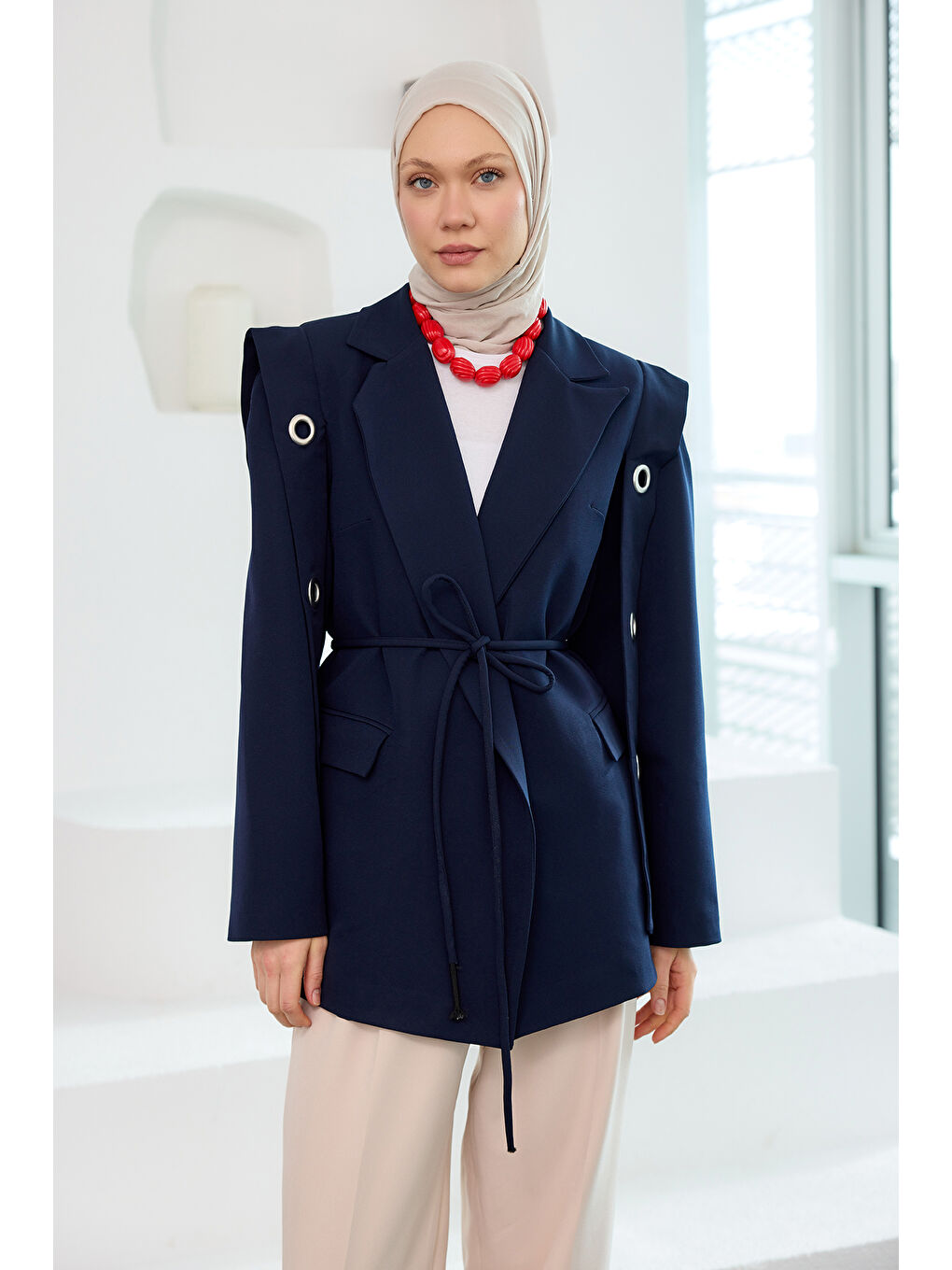 Kadın Kuş Gözü Kruvaze Yaka Blazer Ceket  Lacivert-2