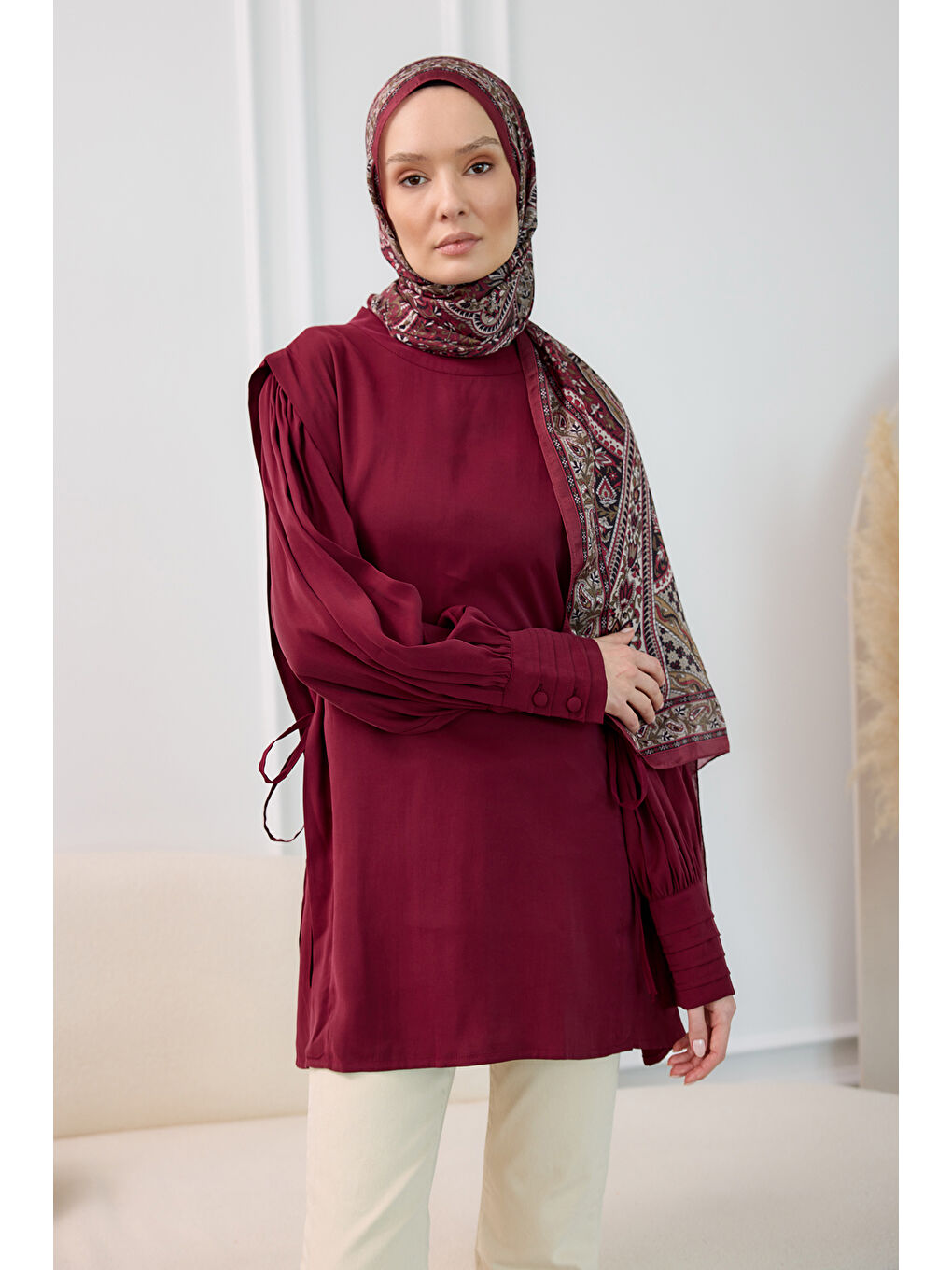 Kadın Nervur Detay Cupra Lyocell Tunik Bordo