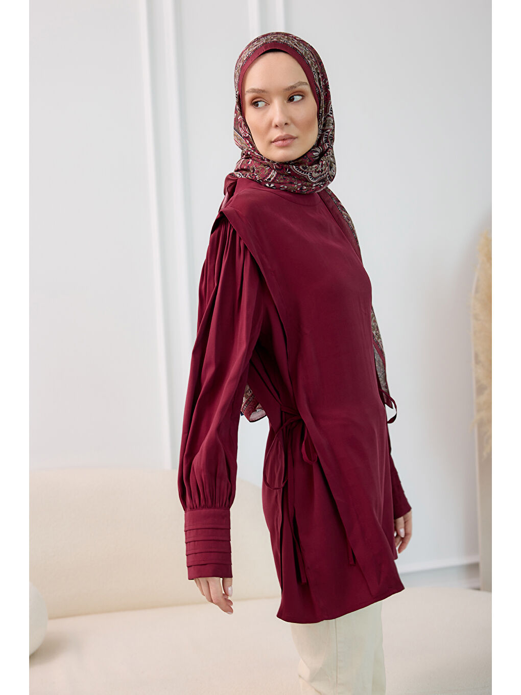 Kadın Nervur Detay Cupra Lyocell Tunik Bordo-1