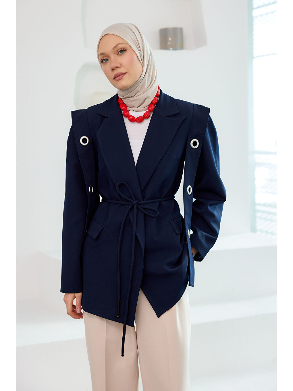 Kadın Kuş Gözü Kruvaze Yaka Blazer Ceket  Lacivert-3