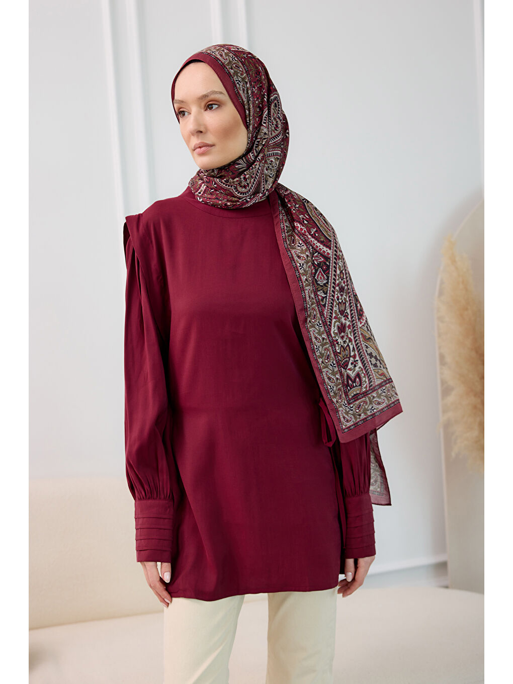 Kadın Nervur Detay Cupra Lyocell Tunik Bordo-2