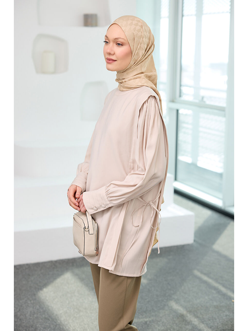 Ekru Kadın Nervur Detay Cupra Lyocell Tunik Krem-1