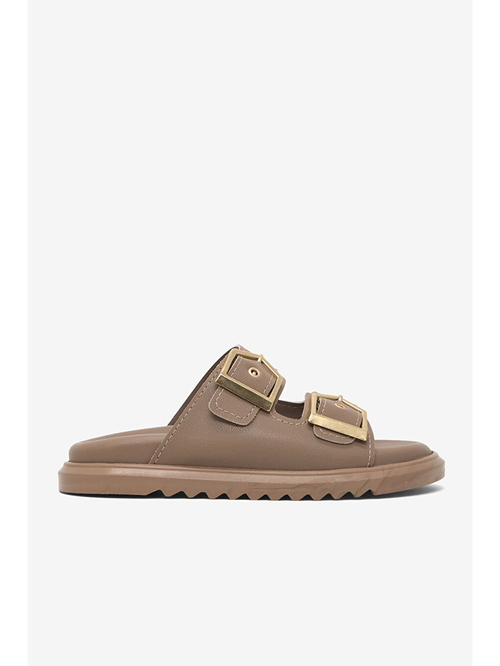 Bej Kadın Vizon Rahat Kalıp Çift Bantlı Toka Detaylı Terlik