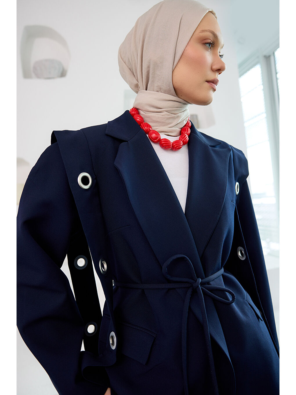 Kadın Kuş Gözü Kruvaze Yaka Blazer Ceket  Lacivert-4