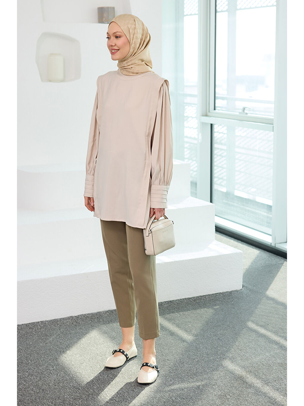 Ekru Kadın Nervur Detay Cupra Lyocell Tunik Krem-2