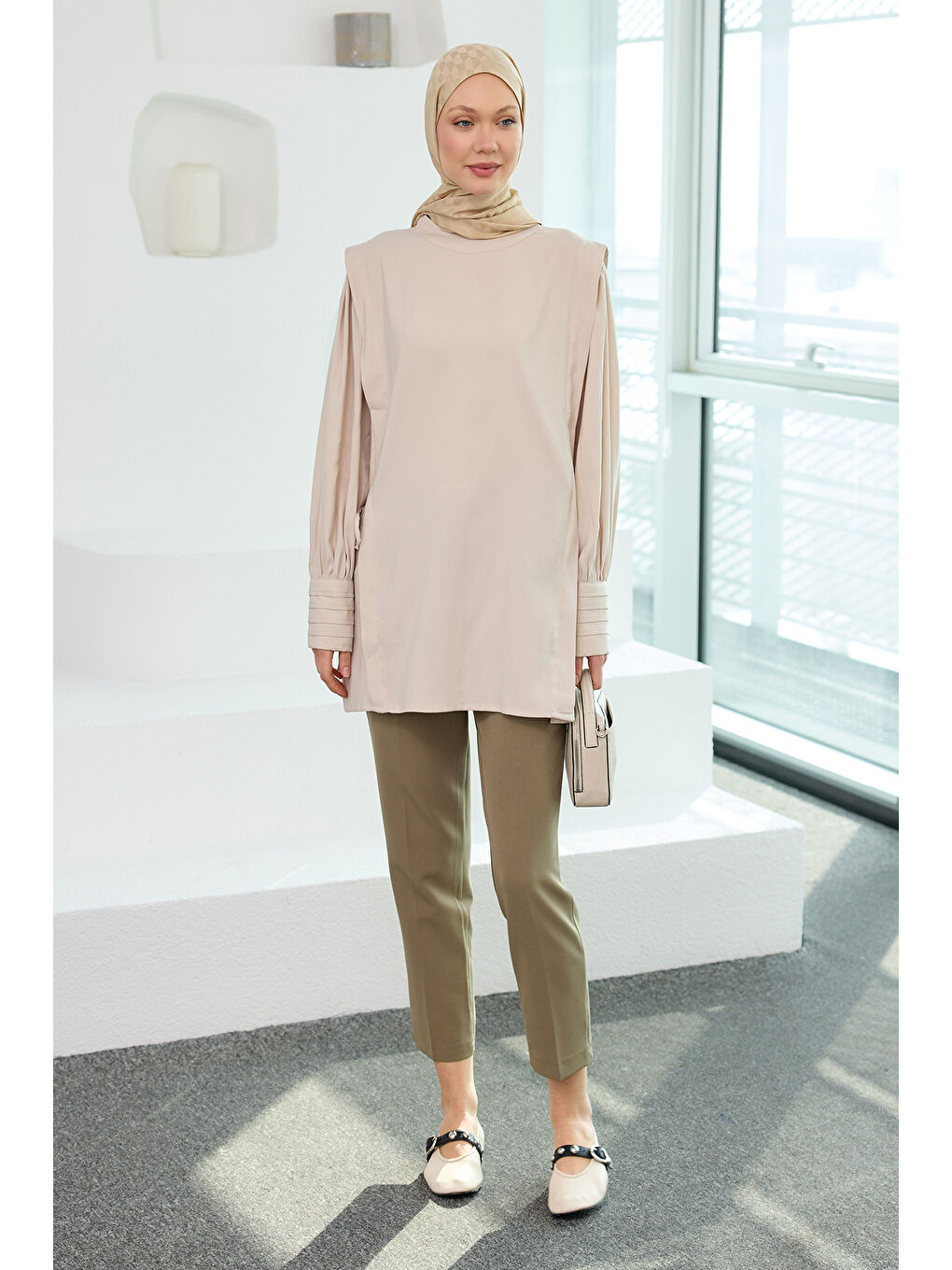 Ekru Kadın Nervur Detay Cupra Lyocell Tunik Krem-3