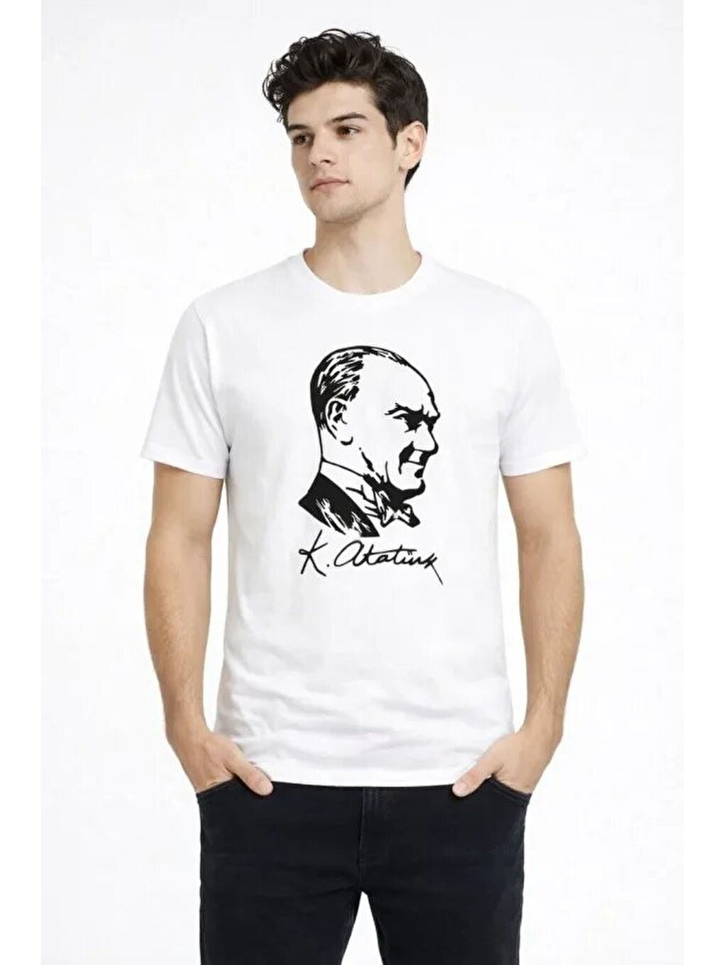 Erkek Atatürk Baskılı Tişört Kısa Kollu Bisiklet Yaka T-Shirt - Beyaz