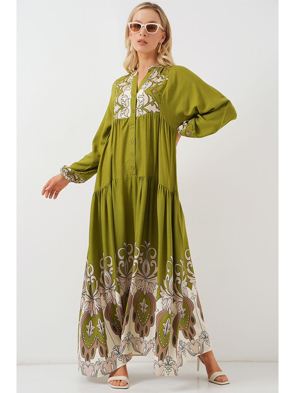 2423 Otantik Desenli Tesettür Elbise - Çağla Yeşili-2