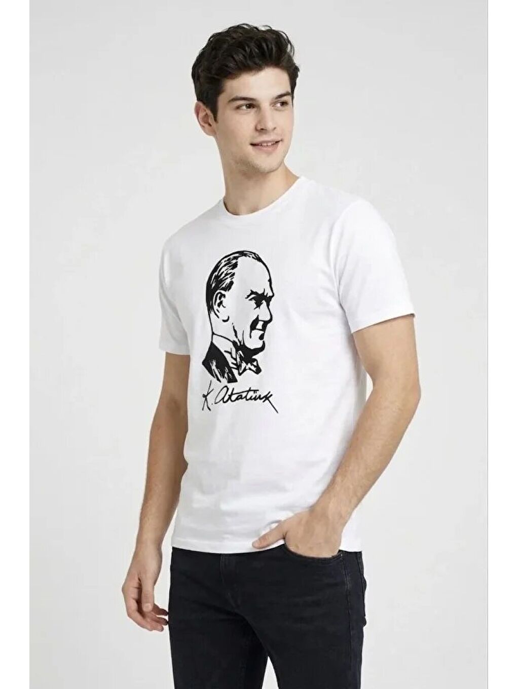 Erkek Atatürk Baskılı Tişört Kısa Kollu Bisiklet Yaka T-Shirt - Beyaz-1
