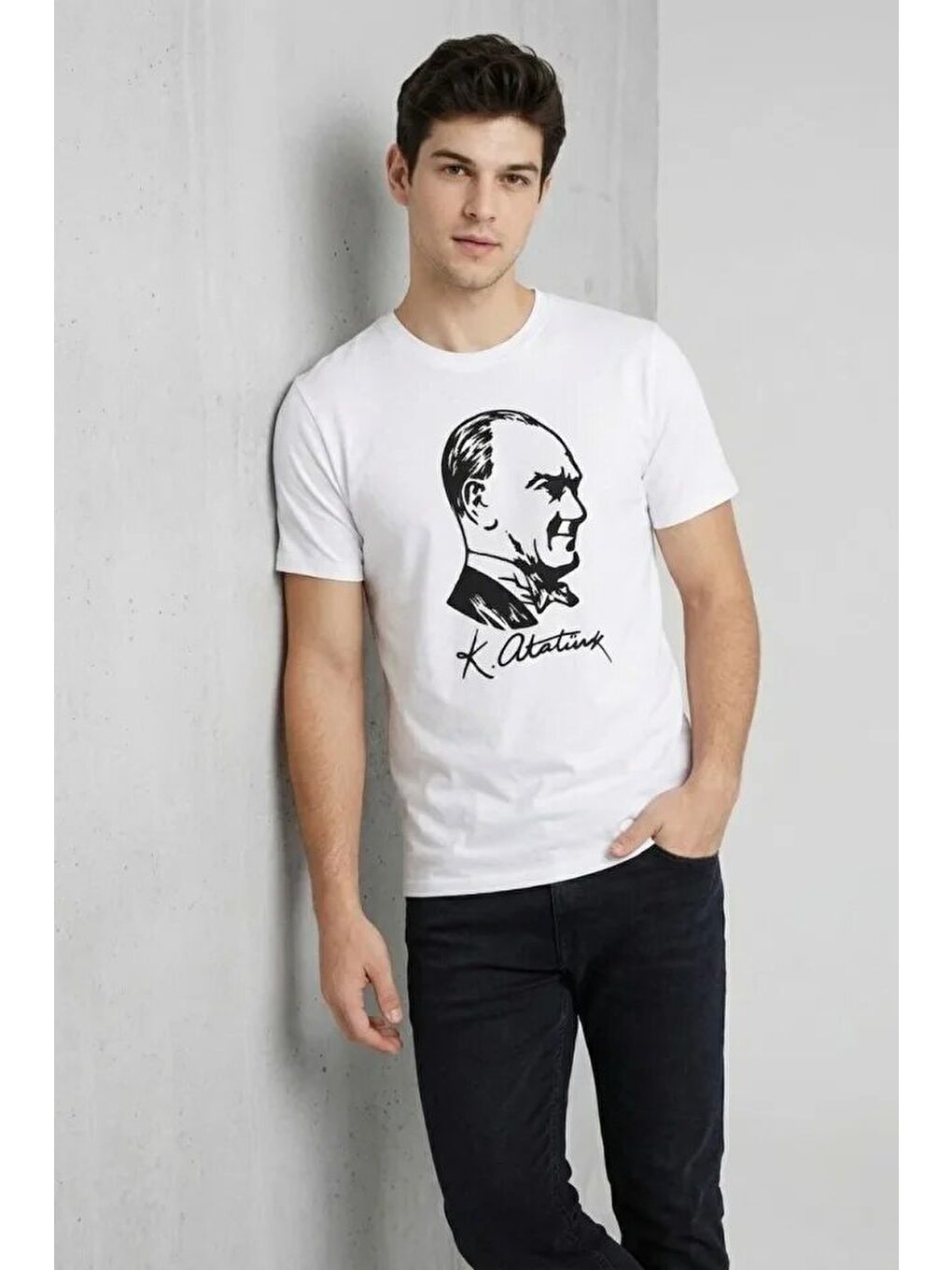 Erkek Atatürk Baskılı Tişört Kısa Kollu Bisiklet Yaka T-Shirt - Beyaz-2